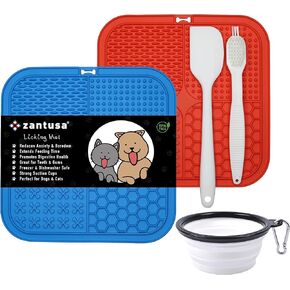 Zantusa 5 Pcs Licking Mat for Dogs and Cats with a Pet Collapsible Bowl, Scraper and Brush, Slow Feeder and Non-Slip Design Mats with Suction Cups for Dog Anxiety Relief