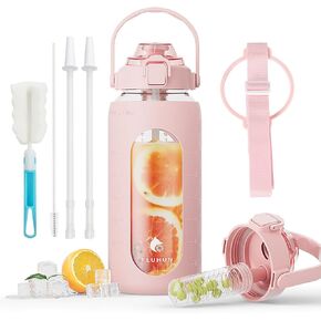 64 Oz Glass Water Bottles with Straw Lid Handle, Half Gallon Water Bottle with Carrying Strap and Filter, Motivational Glass Bottle with Silicone Sleeve, Water Jug with Time Marker (Green)