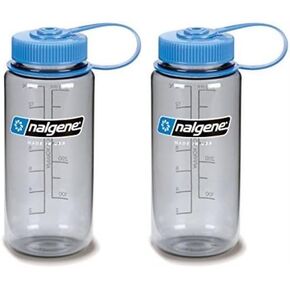 Nalgene Tritan 16oz Plastic Water Bottle Gray w/Blue Cap Wide Mouth 2-Pack
