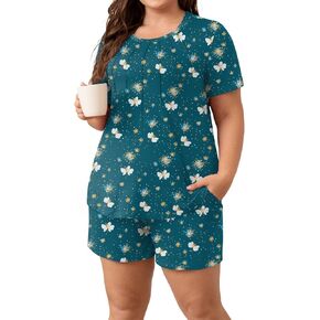 Anyhold Women's 2 Piece Pajama Sets, Short Sleeve Plus Size Lounge Sleepwear Ladies Pjs Sets with Pockets