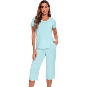 WiWi Pajamas for Women Short Sleeve Top and Capri Pants Loungewear Soft 2 Piece Capris Pjs Casual Pajama S-XXL