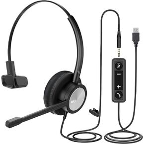 MKJ USB Headset with Microphone for PC Laptop, Wired Headphones with Microphone Noise Cancelling, USB/3.5mm Headset for Computer, Cell Phone, Call Center, Office, Skype, Ms Teams, Zoom