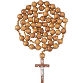 Quelay 42 Inches Catholic Holy Big Mix Beads Sanctified Rosary Handmade Natural Wood Chain Jesus Cross XL Large Wall Christian Rosary