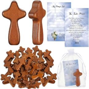 Kigley 60 Set Mini Wood Holding Crosses Bulk 60 Small Pocket Hand Crosses 60 Prayer Cards 60 Bags for Christmas Christian Church Jesus Cross Gift Bulk (Cross,Organza)