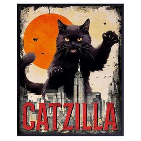 Catzilla Black cat Wall Art - Cat Wall Art & Decor - Vintage Retro Cute Cat Stuff, Cat Mom, Cat Lover Gift - funny Cat Themed Gifts for Men, Women - Boys Room Decor - Cat Poster - Japanese Wall Art