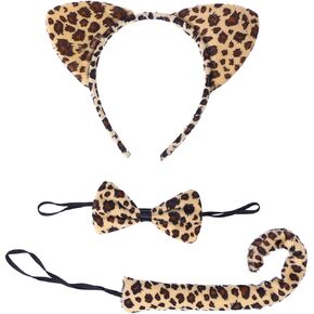 VALICLUD 3Pcs Cat Ears Headband Bow Ties Tail Set Party Costume (Yellow Leopard Print)