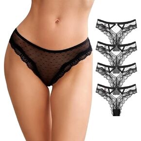 Women's Lace Thongs T Back Low Waist See Through Panties Sexy V-Shape Design Lace tangas 4 Pack