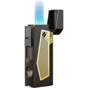 Cigar Torch Lighter 4 Jet Flame Torch Lighter, Butane Refill Cigar Lighters with Cigar Punch, Holder, Cigar Draw Enhancer, Windproof Torch Lighters for Cigars Gift Box Cigars Lighters for Men, Gold in Kuwait