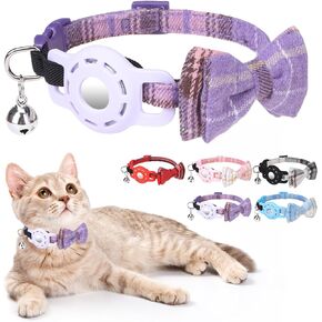 Airtag Cat Collar with Bells and Bowtie -Safety Elastic Band Kitten Collar for Apple Air Tag Holder- Cute GPS Cat Tracker Collars for Girl Boy Cats and Puppies, Adjustable 8"-12" Beige