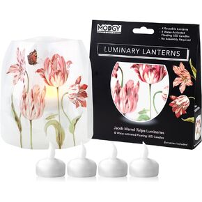 MODGY Luminary Lanterns Candle Holder Decorative Indoor Outdoor Decor, Plastic Candle Lamps for Wedding Table Centerpiece Porch 4-Pack, with Flameless Floating LED Candles Jacob Marrell Tulips