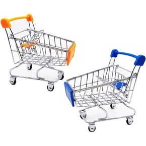 2 Pcs Mini Shopping Cart Supermarket Handcart Shopping Utility Cart Mode Storage Toy, Blue and Orange