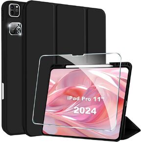 iPad Pro 11 Inch 2024 Case, Protective Case for Soft TPU Silicone with Pencil Holder (Case+ Screen Protector+Camera Lens Protector) Black