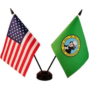 America & Washington Twin Desk Flag, US Washington Table Flags, 8 x 5 Inches American & Washington Deluxe Desk Flag Set - Miniature USA & Washington Stick Flag with Flag Stand