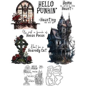 Gothic Castle and Skull Grave Happy Halloween Clear Stamps and Metal Cutting Dies Set with Plastic Envelope Box for Card Making DIY Halloween Decor Albums Crafts Scrapbooking Supplies