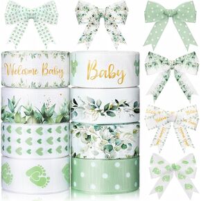 8 Rolls Greenery Baby Shower Ribbon 7/8 Inch Welcome Baby Craft Ribbon Eucalyptus Leaves Print Grosgrain Ribbon for Gift Wrapping Baby Shower Gender Reveal Party Diaper Cake Decor, 40 Yard Total