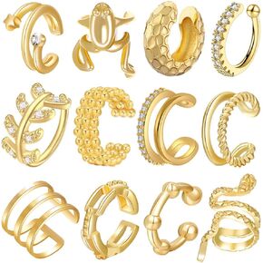Myofeng 12Pcs Ear Cuff 14K Gold Plated Cuff Earrings Non Pierced Ears Clip on Cartilage Earring Adjustable Fake Clip On Earrings Set for Gift (golden)