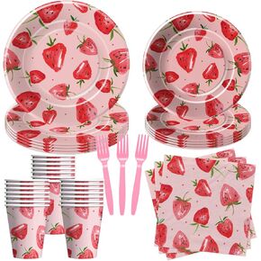Strawberry Birthday Plates And Napkins Party Supplies, Strawberry Baby Shower Decorations Tableware, Paper Plate, Cup, Napkin, Disposable Fork, Berry Sweet Birthday Party Decorations | Serve 24