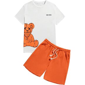 WDIRARA Men's Letter Print Tee Top & Drawstring Waist Slant Pockets Track Shorts Sets Summer Casual 2 Piece Tracksuit Set