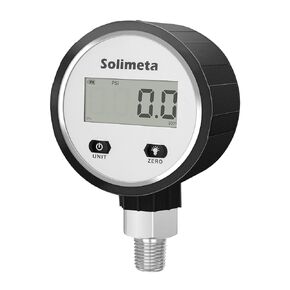 مقياس الضغط الرقمي Solimeta، مقاس قرص 2-1/2 بوصة، حامل سفلي 1/4 بوصة NPT، 0-100 رطل لكل بوصة مربعة، مع قابس اختبار نحاسي أنثى 1/4 بوصة NPT