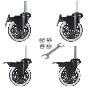 Hirate 3" Industrial Castors, 3/8"-16 x 1.5" Threaded Stem Swivel Locking Caster Wheels for Carts Dolly Workbench Trolley, Includes Nylon Lock Nuts(Set of 4 with Brake)