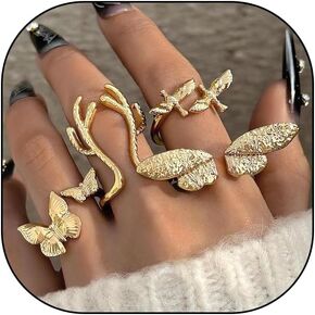 Gold Stackable Knuckle Rings Set for Teen Girls 4 Pcs Trendy Boho Butterfly Antler Bird Ring Vintage Lightweight Finger Statement Ring Jewelry