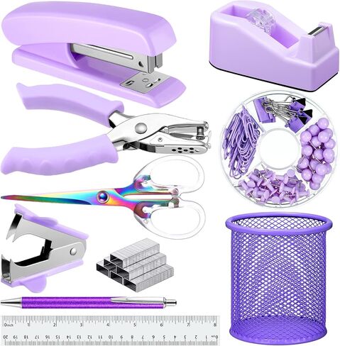 10 Pieces Purple Office Supplies Set Desk Accessories Kit with Stapler Tape Dispenser Staple and Staple Remover Tool Pencil Holder Ballpoint Pen Scissor Metal Ruler Hole Punch Paper Clips for Students in Saudi Arabia