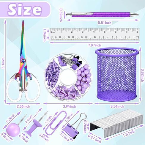 10 Pieces Purple Office Supplies Set Desk Accessories Kit with Stapler Tape Dispenser Staple and Staple Remover Tool Pencil Holder Ballpoint Pen Scissor Metal Ruler Hole Punch Paper Clips for Students in Saudi Arabia