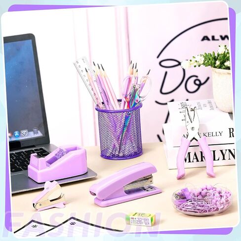 10 Pieces Purple Office Supplies Set Desk Accessories Kit with Stapler Tape Dispenser Staple and Staple Remover Tool Pencil Holder Ballpoint Pen Scissor Metal Ruler Hole Punch Paper Clips for Students in Saudi Arabia