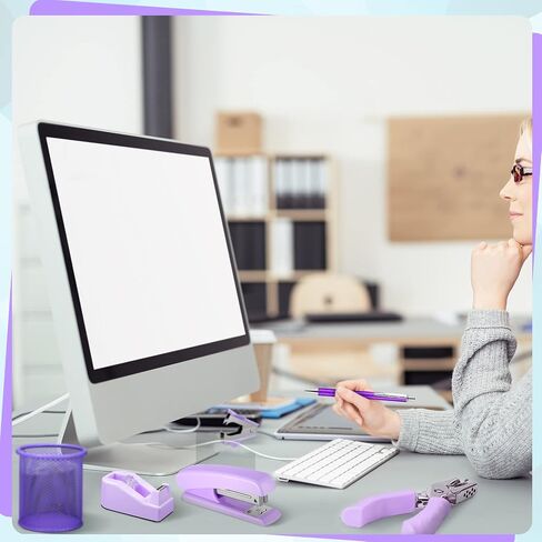 10 Pieces Purple Office Supplies Set Desk Accessories Kit with Stapler Tape Dispenser Staple and Staple Remover Tool Pencil Holder Ballpoint Pen Scissor Metal Ruler Hole Punch Paper Clips for Students in Saudi Arabia