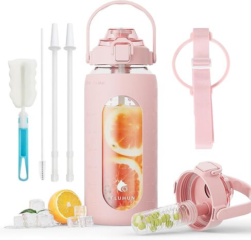 64 Oz Glass Water Bottles with Straw Lid Handle, Half Gallon Water Bottle with Carrying Strap and Filter, Motivational Glass Bottle with Silicone Sleeve, Water Jug with Time Marker (Green) in Saudi Arabia