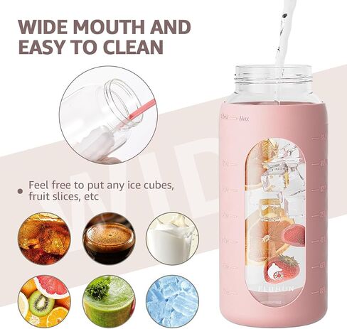 64 Oz Glass Water Bottles with Straw Lid Handle, Half Gallon Water Bottle with Carrying Strap and Filter, Motivational Glass Bottle with Silicone Sleeve, Water Jug with Time Marker (Green) in Saudi Arabia