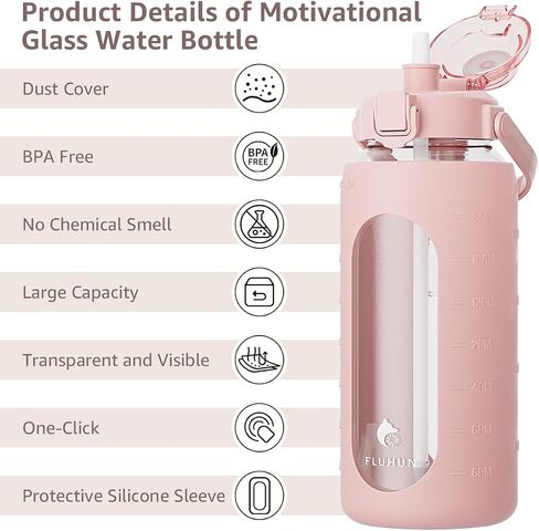 64 Oz Glass Water Bottles with Straw Lid Handle, Half Gallon Water Bottle with Carrying Strap and Filter, Motivational Glass Bottle with Silicone Sleeve, Water Jug with Time Marker (Green) in Saudi Arabia