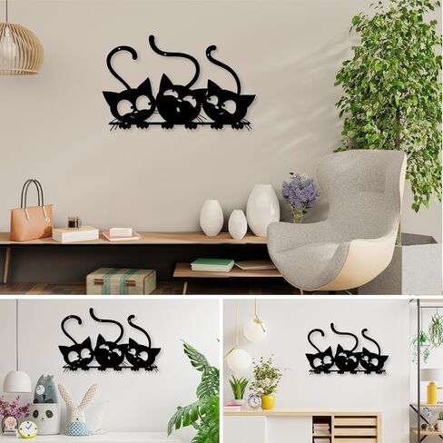 Three Black Cat Wall Art, Metal Cat Wall Decor, Black Cat Wall Sculpture For Cats Lover, Minimalist Room Living Room Patio Wall DéCor (Length:12 Inches) in Saudi Arabia