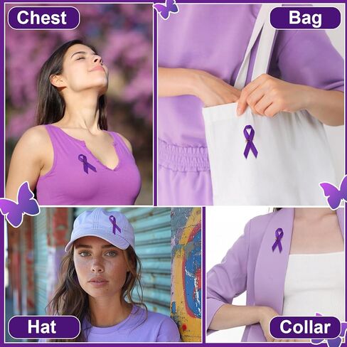 50/100/150 قطعة من أشرطة التوعية الأرجوانية - أشرطة التوعية من الساتان الأرجواني للتوعية بمرض الذئبة، وشريط شجاعة وكرامة ودبابيس من الساتان لمرض الزهايمر والعنف المنزلي وسرطان البنكرياس والحدث الخيري in Kuwait