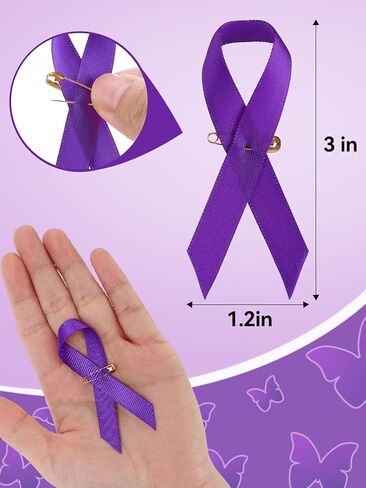 50/100/150 قطعة من أشرطة التوعية الأرجوانية - أشرطة التوعية من الساتان الأرجواني للتوعية بمرض الذئبة، وشريط شجاعة وكرامة ودبابيس من الساتان لمرض الزهايمر والعنف المنزلي وسرطان البنكرياس والحدث الخيري in Kuwait