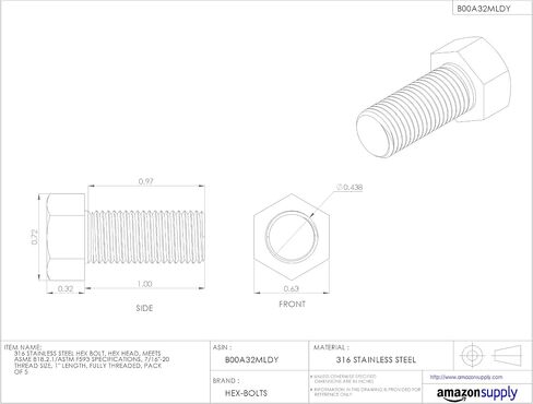 316 Stainless Steel Hex Bolt, Plain Finish, Hex Head, External Hex Drive, Meets ASME B18.2.1/ASTM F593, 1" Length, Fully Threaded, 7/16"-20 Threads (Pack of 5) in Saudi Arabia