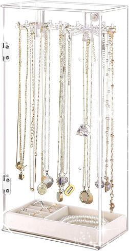 منظم حامل القلادة، حامل عرض القلادة، صندوق القلادة، حامل المجوهرات المنظم، منظم المجوهرات الشفاف من الأكريليك، عرض القلادة، علبة عرض المجوهرات، دوران مع 24 خطافًا in Kuwait