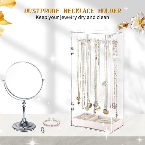 منظم حامل القلادة، حامل عرض القلادة، صندوق القلادة، حامل المجوهرات المنظم، منظم المجوهرات الشفاف من الأكريليك، عرض القلادة، علبة عرض المجوهرات، دوران مع 24 خطافًا in Kuwait