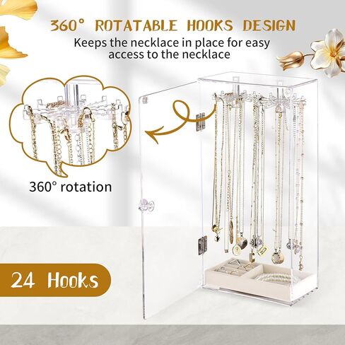 منظم حامل القلادة، حامل عرض القلادة، صندوق القلادة، حامل المجوهرات المنظم، منظم المجوهرات الشفاف من الأكريليك، عرض القلادة، علبة عرض المجوهرات، دوران مع 24 خطافًا in Kuwait