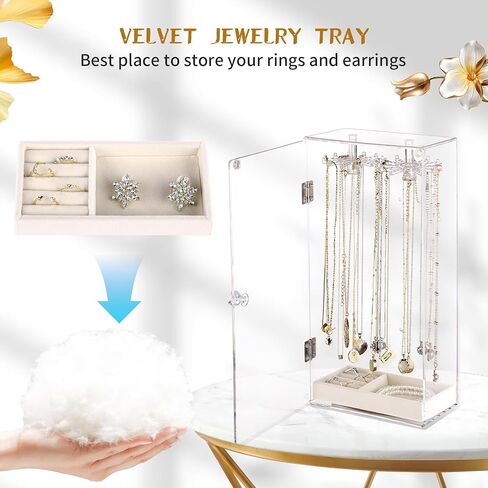 منظم حامل القلادة، حامل عرض القلادة، صندوق القلادة، حامل المجوهرات المنظم، منظم المجوهرات الشفاف من الأكريليك، عرض القلادة، علبة عرض المجوهرات، دوران مع 24 خطافًا in Kuwait