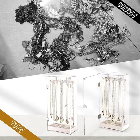 منظم حامل القلادة، حامل عرض القلادة، صندوق القلادة، حامل المجوهرات المنظم، منظم المجوهرات الشفاف من الأكريليك، عرض القلادة، علبة عرض المجوهرات، دوران مع 24 خطافًا in Kuwait