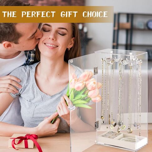 منظم حامل القلادة، حامل عرض القلادة، صندوق القلادة، حامل المجوهرات المنظم، منظم المجوهرات الشفاف من الأكريليك، عرض القلادة، علبة عرض المجوهرات، دوران مع 24 خطافًا in Kuwait