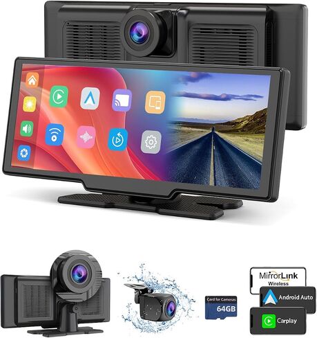 ستيريو Carplay لاسلكي مع كاميرا داش 4K، شاشة لمس محمولة 10.26 بوصة Carplay & Android Auto Car، كاميرا احتياطية 1080P، بطاقة TF 64 جيجابايت، ملاحة GPS، وصلة مرآة، FM، بلوتوث in Saudi Arabia