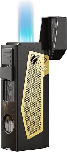 Cigar Torch Lighter 4 Jet Flame Torch Lighter, Butane Refill Cigar Lighters with Cigar Punch, Holder, Cigar Draw Enhancer, Windproof Torch Lighters for Cigars Gift Box Cigars Lighters for Men, Gold in Kuwait