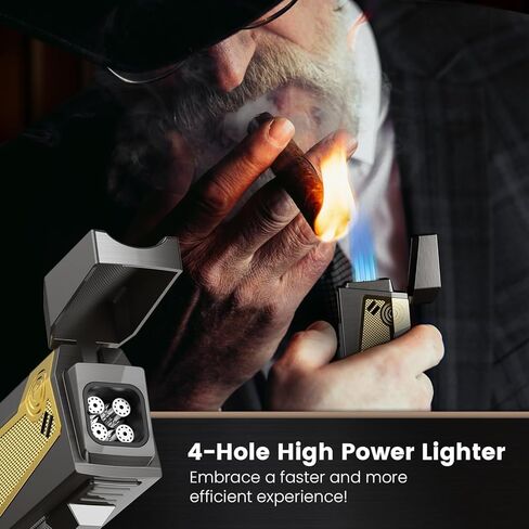 Cigar Torch Lighter 4 Jet Flame Torch Lighter, Butane Refill Cigar Lighters with Cigar Punch, Holder, Cigar Draw Enhancer, Windproof Torch Lighters for Cigars Gift Box Cigars Lighters for Men, Gold in Kuwait