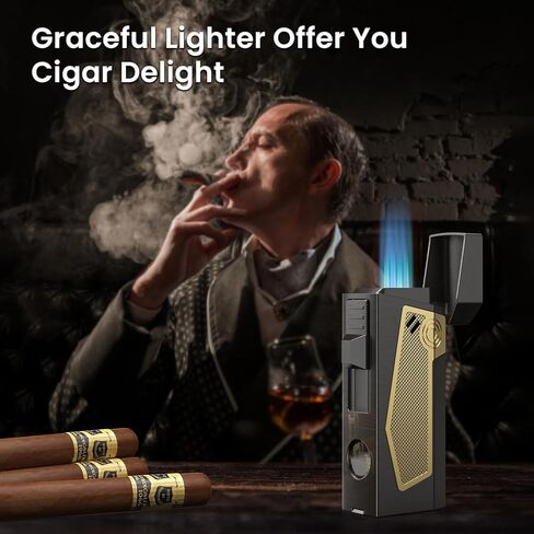 Cigar Torch Lighter 4 Jet Flame Torch Lighter, Butane Refill Cigar Lighters with Cigar Punch, Holder, Cigar Draw Enhancer, Windproof Torch Lighters for Cigars Gift Box Cigars Lighters for Men, Gold in Kuwait