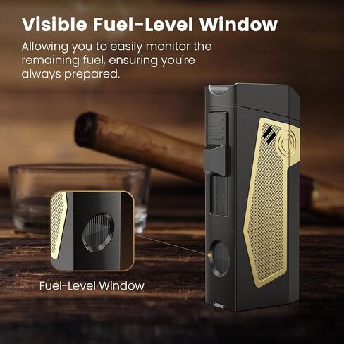 Cigar Torch Lighter 4 Jet Flame Torch Lighter, Butane Refill Cigar Lighters with Cigar Punch, Holder, Cigar Draw Enhancer, Windproof Torch Lighters for Cigars Gift Box Cigars Lighters for Men, Gold in Kuwait