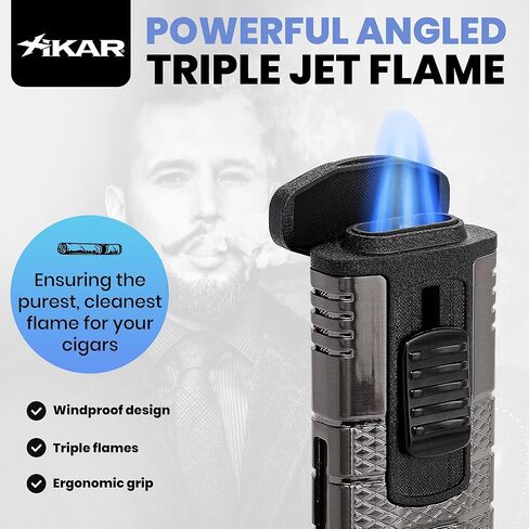 Xikar Tactical Triple Jet Flame Lighter, Engineered for Performance, Removable Pocket Clip, Angled Jet Flames, Ergonomic Metal Body, Black and Gunmetal in Saudi Arabia
