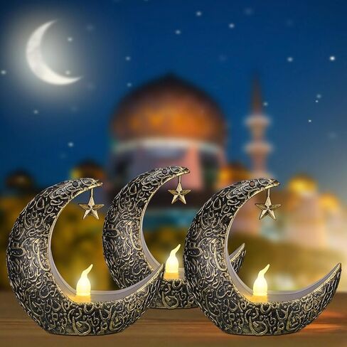Hortsun 12 قطعة فوانيس شمعة عيد الأضحى LED عيد مبارك فانوس مبارك فوانيس مباركة ديكور نجمة القمر عيد الأضحى كريم أضواء LED خمر ديكور معلق فانوس للمنزل، الطاولة، الأطفال in Kuwait
