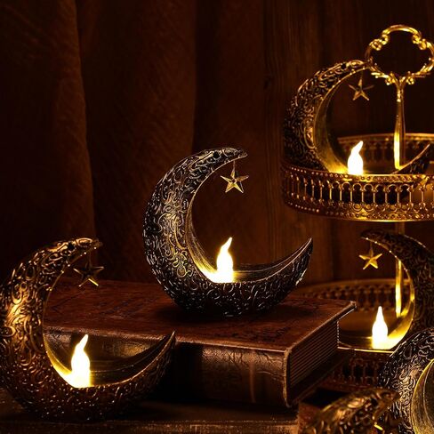 Hortsun 12 قطعة فوانيس شمعة عيد الأضحى LED عيد مبارك فانوس مبارك فوانيس مباركة ديكور نجمة القمر عيد الأضحى كريم أضواء LED خمر ديكور معلق فانوس للمنزل، الطاولة، الأطفال in Kuwait